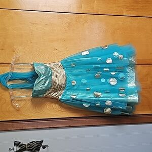 Strapless Jovani dress, teal and polkadot with gold